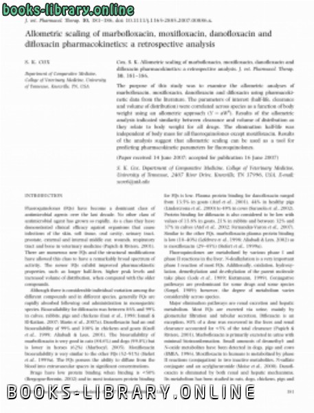 ❞ كتاب Allometric scaling of marbofloxacin, moxifloxacin, danofloxacin and difloxacin pharmacokinetics a retrospective analysis ❝ 