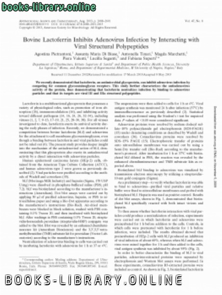 ❞ كتاب Bovine Lactoferrin Inhibits Adenovirus Infection by Interacting with Viral Structural Polypeptides ❝  ⏤ كاتب غير معروف