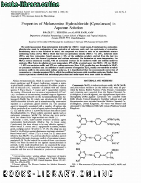 ❞ كتاب Properties of Melarsamine Hydrochloride (Cymelarsan) in Aqueous Solution ❝  ⏤ كاتب غير محدد