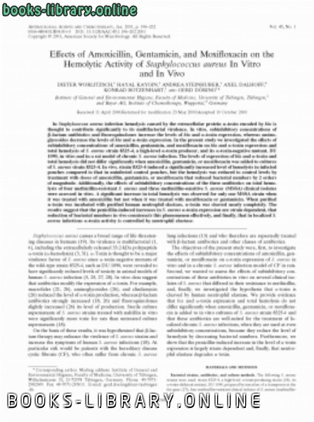 ❞ كتاب Effects of Amoxicillin, Gentamicin, and Moxifloxacin on the Hemolytic Activity of Staphylococcus aureus In Vitro and In Vivo ❝  ⏤ كاتب غير محدد