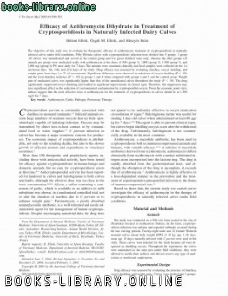 قراءة و تحميل كتابكتاب Efficacy of Azithromycin Dihydrate in Treatment of Cryptosporidiosis in Naturally Infected Dairy Calves (p 590593) PDF