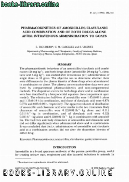 قراءة و تحميل كتابكتاب PHARMACOKINETICS OF AMOXICIIJJNCLAVULANIC ACID COMBINATION AND OF BOTH DRUGS ALONE AFI' ER INTRAVENOUS ADMINISTRATION TO GOATS PDF