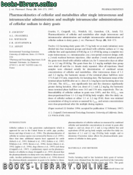قراءة و تحميل كتابكتاب Pharmacokinetics of ceftiofur after single intravenous and intramuscular administration of ceftiofur sodium to dairy goats PDF