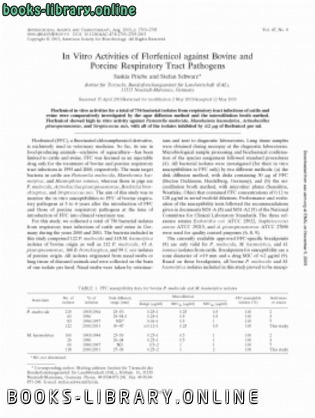 قراءة و تحميل كتاب In Vitro Activities of Florfenicol against Bovine and Porcine Respiratory Tract Pathogens PDF