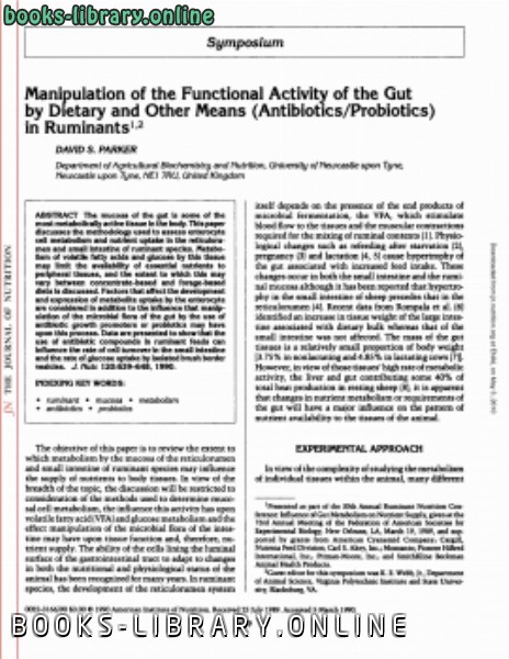 ❞ كتاب Manipulation of the Functional Activity of the Gut by Dietary and Other Means (Antibiotics Probiotics) in Ruminants ❝  ⏤ كاتب غير معروف