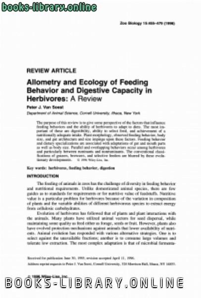 قراءة و تحميل كتاب Allometry and ecology of feeding behavior and digestive capacity in herbivores A review PDF