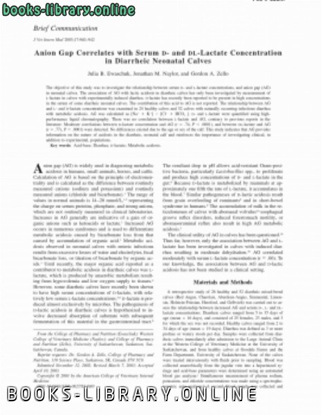 ❞ كتاب Anion Gap Correlates with Serum D and DLLactate Concentration in Diarrheic Neonatal Calves ❝  ⏤ كاتب غير معروف