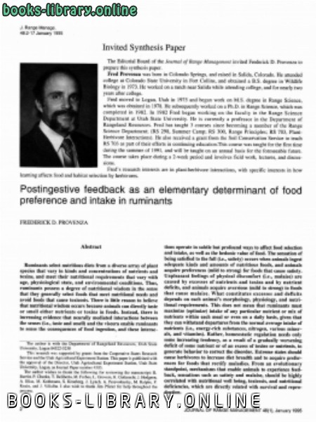 ❞ كتاب Postingestive feedback as an elementary determinant of food preference and intake in ruminants. ❝  ⏤ كاتب غير محدد