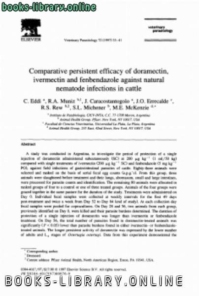 قراءة و تحميل كتابكتاب Comparative persistent efficacy of doramectin, ivermectin and fenbendazole against natural nematode infections in cattle PDF