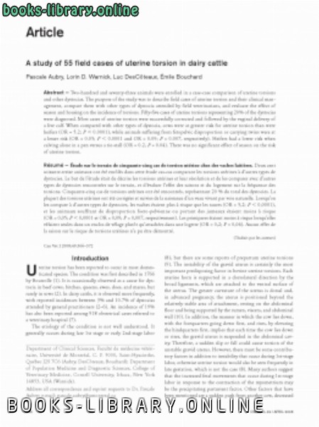 ❞ كتاب A study of 55 field cases of uterine torsion in dairy cattle ❝  ⏤ كاتب غير محدد