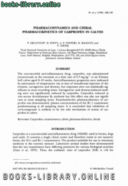 ❞ كتاب Pharmacodynamics and chiral pharmacokinetics of carprofen in calves ❝  ⏤ كاتب غير معروف