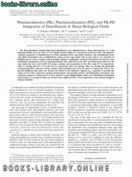 قراءة و تحميل كتاب Pharmacokinetics (PK), Pharmacodynamics (PD), and PKPD Integration of Danofloxacin in Sheep Biological Fluids PDF