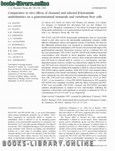 ❞ كتاب Comparative in vitro effects of closantel and selected beta-ketoamide anthelmintics on a gastrointestinal nematode and vertebrate liver cells ❝ 